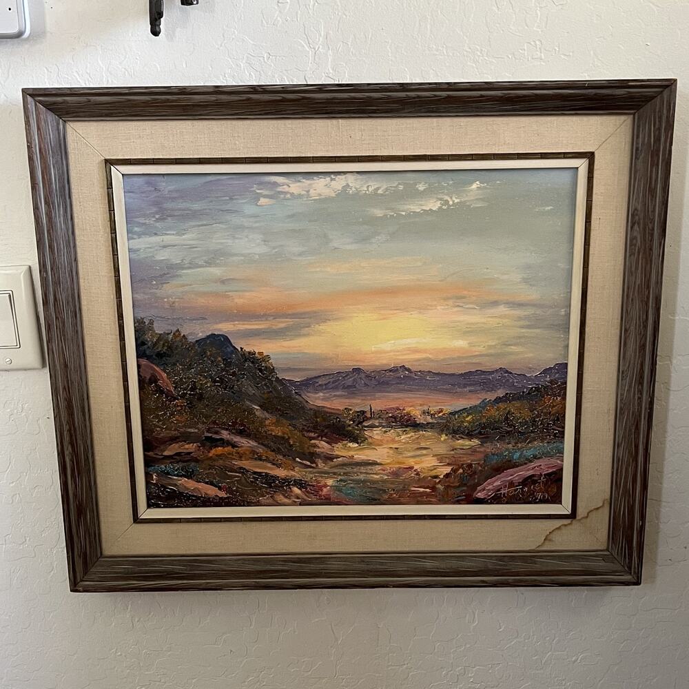 Framed Oil Painting Landscape Sunset over Mountains Signed Harriet 1970